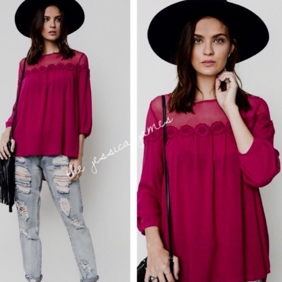 Hayden Blouse Mesh Floral Appliqué Berry Red Women’s Top NEW - Picture 2 of 7